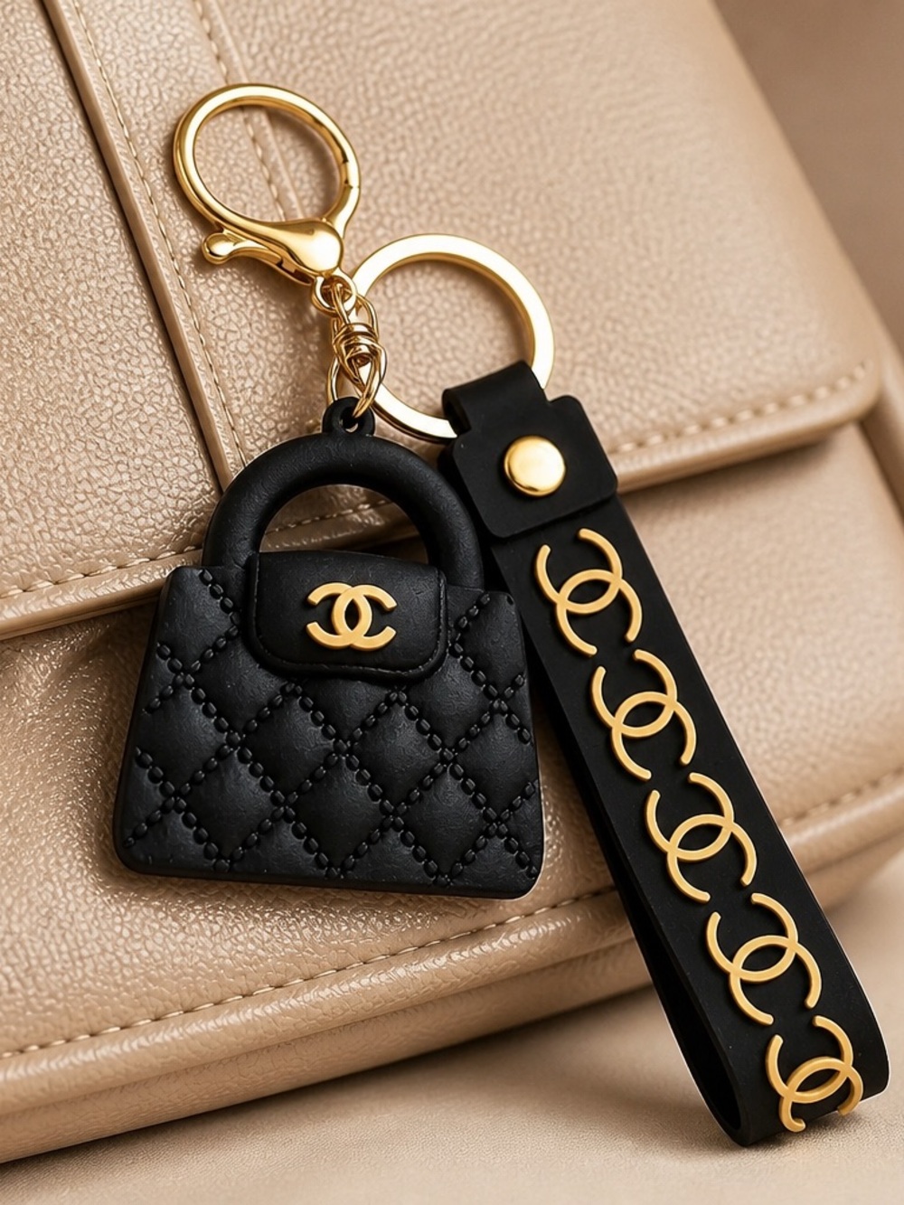 CHANEL Black Quilted Mini Purse Key Holder with Gold CC Accents